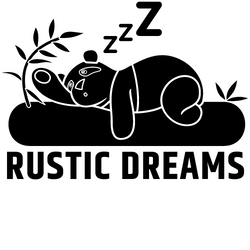 Logo for Rustic Dreams featuring a sleeping panda on a log.
