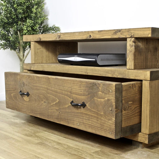 Solid wood tv unit featuring a drawer for added storage, finished in a chunky rustic style. Hand crafted in the New Forest.